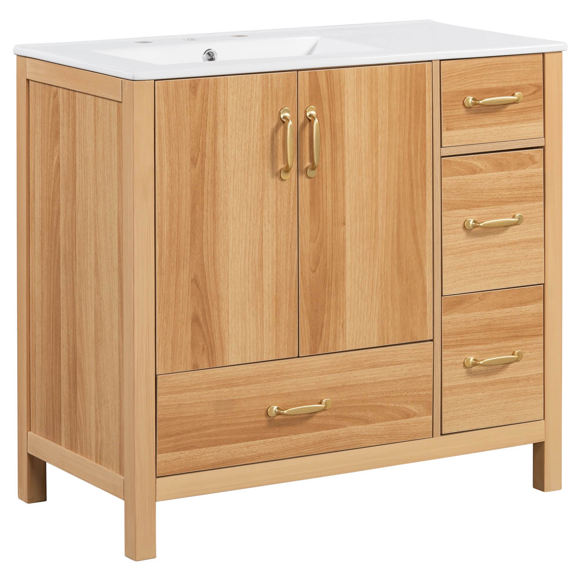 VanityFus 36-in Bathroom Vanity Single Sink Combo Wood Ceramic Top 2 Soft-Close Doors 4 Drawer Adjustable shelves